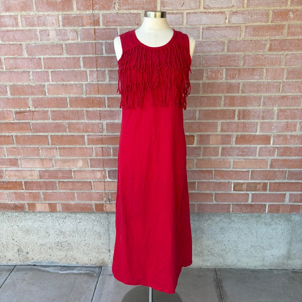 Nannette Keller Red Cotton Fringe Sleeveless Midi Dress Small Made in USA Boho